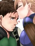  1boy 1girl blonde_hair bodysuit breasts brown_eyes brown_hair chris_redfield closed_mouth facial_hair jill_valentine kiss kissing_forehead large_breasts long_hair nagare ponytail resident_evil resident_evil_5 simple_background smile white_background 