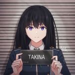  1girl absurdres barbie_mugshot_(meme) black_hair blue_jacket character_name chxoswolf closed_mouth collared_shirt highres holding holding_sign inoue_takina jacket light_frown long_hair looking_at_viewer lycoris_recoil lycoris_uniform meme mugshot purple_eyes shirt sign signature solo straight-on upper_body 