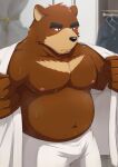 2023 absurd_res anthro bear belly big_belly black_nose bodily_fluids bottomwear brown_body brown_eyes brown_fur bulge clothing countershade_snout countershading fur hi_res humanoid_hands inside juuichi_mikazuki keikogi kemono male mammal martial_arts_uniform moobs morenatsu multicolored_body multicolored_fur musclegut musk navel nipples overweight overweight_anthro overweight_male pants pecs pink_nipples ry_o snout solo sportswear sweat tan_body tan_countershading tan_fur two_tone_body two_tone_fur undressing visual_novel 
