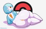  anthro anus big_butt blue_body blush blush_lines butt digital_media_(artwork) female gardevoir generation_3_pokemon genitals hi_res looking_at_viewer looking_back lying melomor multicolored_body nintendo on_ground on_side orange_eyes pixel_(artwork) pok&eacute;ball_background pokeball pokemon pokemon_(species) pussy shiny_pokemon simple_background solo thick_thighs two_tone_body white_background white_body 