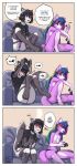  absurd_res anthro black_hair blush breasts canid canine canis clothed clothing comic controller duo female fur game_controller gloves_(marking) green_body grey_body grey_fur hair hi_res kiu-wot lanna_(erdfurry) leah_(erdfurry) mammal markings mostly_nude multicolored_hair panties purple_body purple_eyes purple_fur sex_toy small_breasts text underwear vibrator wolf 