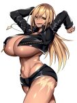  1girl absurdres arms_up black_jacket black_shorts blonde_hair breasts cleavage cropped_jacket dark-skinned_female dark_skin hair_between_eyes highres hip_bones huge_breasts hz_(666v) jacket jewelry leather leather_jacket long_hair lower_teeth_only navel open_mouth original pendant scar scar_across_eye scar_on_face scar_on_leg short_shorts shorts smile solo stomach teeth thighs toned underboob vecky_(camui_kamui) white_background yellow_eyes 