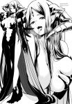  1girl absurdly_long_hair artist_name breasts cleavage commentary_request dated demon_girl demon_horns dress greyscale highres horns kichihachi large_breasts long_hair looking_at_viewer monochrome multiple_views navel open_mouth original pointy_ears saliva saliva_trail standing tongue tongue_out very_long_hair 