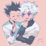  2boys anzu_(pixiv) black_hair child closed_eyes commentary_request gon_freecss hand_on_another&#039;s_shoulder hands_on_own_face hunter_x_hunter killua_zoldyck long_sleeves male_child male_focus multiple_boys open_mouth pink_hair short_hair sketch spiked_hair 