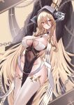 absurdly_long_hair absurdres arms_up azur_lane blonde_hair breast_cutout breasts chain cleavage covered_navel fake_horns gloves habit hair_between_eyes half_gloves highres horns implacable_(azur_lane) large_breasts long_bangs long_hair looking_at_viewer nun pelvic_curtain red_eyes revealing_clothes seabread solo thighhighs two-tone_dress veil very_long_hair white_horns white_thighhighs 