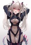  1girl :d ahoge arms_up ass_visible_through_thighs blush bodysuit braid braided_bangs breasts grey_hair hair_between_eyes heart indie_virtual_youtuber koahri large_breasts long_hair long_sleeves looking_at_viewer mechanical_tail open_mouth red_eyes saruei_(vtuber) scar scar_across_eye simple_background smile solo standing tail thigh_gap thighs virtual_youtuber 