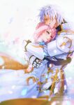  1boy 1girl alphen_(tales) blue_eyes blush braid closed_eyes couple crying crying_with_eyes_open dress gloves gold_trim grey_hair hug jacket nukegara102 parted_lips petals pink_hair shionne_(tales) smile tales_of_(series) tales_of_arise tears upper_body white_background white_dress white_jacket 