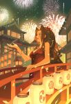  1girl absurdres aerith_gainsborough architecture bare_shoulders bracelet breasts bridge brown_hair cleavage confetti dododo dress east_asian_architecture final_fantasy final_fantasy_vii final_fantasy_vii_remake fireworks flamenco_dress flower green_eyes hair_flower hair_ornament hand_up highres jewelry lantern long_dress long_hair medium_breasts necklace official_alternate_costume open_mouth outdoors paper_lantern parted_bangs ponytail red_dress red_flower sidelocks sleeveless sleeveless_dress smile solo star_(symbol) star_necklace strapless strapless_dress upper_body wavy_hair 