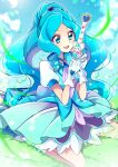  1girl absurdres blue_choker blue_eyes blue_hair blue_theme blue_vest choker commentary cure_fontaine earrings gloves grass hair_ornament healin&#039;_good_precure healing_animal healing_wand heart heart_hair_ornament heart_wand highres jewelry long_hair looking_at_viewer magical_girl mitsuki_tayura open_mouth pegitan_(precure) pom_pom_(clothes) pom_pom_earrings ponytail precure puffy_sleeves sawaizumi_chiyu short_sleeves sitting skirt smile solo split_ponytail very_long_hair vest wariza white_gloves wide_ponytail 