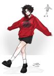  2023 ahoge bike_shorts breasts choker commentary dated english_commentary full_body grey_eyes hair_between_eyes highres hood hood_down hoodie long_sleeves looking_at_viewer medium_breasts miniskirt moddedjoker ruby_rose rwby short_hair skirt standing standing_on_one_leg 