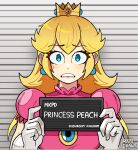  1girl artist_name barbie_mugshot_(meme) blonde_hair blue_eyes character_name crown dress earrings elbow_gloves gloves highres jewelry long_hair looking_at_viewer mag_(magdraws) mario_(series) meme mugshot pink_dress princess_peach solo upper_body watermark white_gloves 