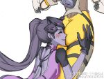  2girls artist_request ass ass_grab bad_source colored_skin face_in_ass gloves hair_pulled_back looking_at_ass multiple_girls overwatch overwatch_1 purple_skin simple_background spider_tattoo tattoo tracer_(overwatch) widowmaker_(overwatch) 