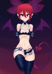  1girl bat_wings bikini bikini_top_only black_bikini black_gloves black_shorts black_thighhighs blush boviburger breasts choker closed_mouth collaboration commentary demon_girl demon_tail disgaea earrings elbow_gloves english_commentary etna_(disgaea) foot_out_of_frame gloves goldiedood groin hair_between_eyes highres jewelry leg_up long_bangs looking_at_viewer micro_shorts navel o-ring o-ring_choker pointy_ears red_eyes red_hair red_wings short_hair shorts skirt skull_earrings small_breasts smile solo swimsuit tail thighhighs twintails wings 