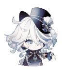  1girl ahoge ascot black_ascot black_jacket blue_bow blue_eyes blue_gemstone blue_hair blue_headwear bow chibi frilled_sleeves frills furina_(genshin_impact) gem genshin_impact hat hat_bow highres holding holding_paper jacket long_sleeves medium_hair mi505521 multicolored_hair paper simple_background solo streaked_hair top_hat upper_body wavy_hair white_background white_hair 