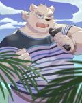  absurd_res amidasuke anthro bear belly blush clothing eyebrows eyewear fronds fur glasses hair hi_res leib_(tas) lifewonders male mammal microphone musclegut pecs plant polar_bear ponytail shirt singing solo t-shirt thick_eyebrows tokyo_afterschool_summoners topwear ursine white_body white_fur 