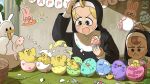 2girls :&lt; animal_ears animal_on_head bags_under_eyes basket bird blonde_hair blue_eyes brown_eyes brown_hair catholic chicken clumsy_nun_(diva) crack diva_(hyxpk) duck duckling easter easter_egg egg english_commentary frog frog_on_head froggy_nun_(diva) habit happy_easter hatching highres holding holding_egg little_nuns_(diva) multiple_girls nun on_head paint_tube paintbrush rabbit_ears sweat topknot traditional_nun 