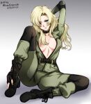  arm_behind_head artist_name black_choker black_footwear blonde_hair blue_eyes blush bodysuit choker cross-laced_footwear dated green_bodysuit green_lips holding_own_foot jacket long_hair looking_at_viewer metal_gear_(series) metal_gear_solid mina_cream open_clothes open_jacket signature sniper_wolf 