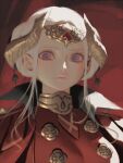  1girl artist_name bellhenge black_cape breasts buttons cape closed_mouth collared_cape commentary diadem double_bun edelgard_von_hresvelg english_commentary eyelashes fire_emblem fire_emblem:_three_houses frown gold_choker hair_bun high_collar large_breasts looking_at_viewer pink_lips purple_eyes red_background red_cape red_shirt shirt short_hair_with_long_locks solo striped_choker two-sided_cape two-sided_fabric upper_body white_hair yellow_horns 