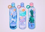  absurdres bottle cloud constellation crescent_moon floating grey_background highres liquid meyoco moon mountain no_humans original partially_immersed plant seashell shell simple_background skull snowman sparkle star_(symbol) transparent tree 