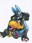  animal_genitalia animal_penis anthro balls blue_body canine_genitalia canine_penis duo eyewear generation_4_pokemon genitals glasses hi_res lucario male male/male necktie nintendo open_mouth penis pokemon pokemon_(species) riolu rotten_owl shiny_pokemon simple_background tongue traditional_media_(artwork) 