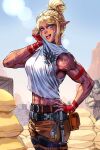  1girl abs belt blonde_hair blue_eyes desert dog_tags elf hand_wraps highres knife mechanic muscular muscular_female original pointy_ears pouch robusta_mania smile solo sweat tank_top topknot veins wiping_face wiping_sweat 