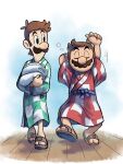  2boys bath_yukata brown_hair closed_eyes facial_hair highres holding holding_towel japanese_clothes kimono luigi mario mario_&amp;_luigi_rpg mario_(series) masanori_sato_(style) multiple_boys mustache sandals short_hair simple_background towel wooden_floor ya_mari_6363 yukata 