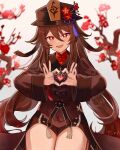  1girl absurdres black_headwear black_shorts blurry blush branch bright_pupils brown_coat brown_hair coat coattails commission cowboy_shot depth_of_field flower flower-shaped_pupils genshin_impact hair_between_eyes hat hat_flower hat_tassel heart heart_hands highres hu_tao_(genshin_impact) jewelry kuromu_shado long_hair long_sleeves looking_at_viewer multiple_rings open_mouth pixiv_commission plum_blossoms porkpie_hat red_eyes red_flower red_shirt ring shirt short_shorts shorts smile solo symbol-shaped_pupils tassel thumb_ring twintails very_long_hair white_background white_pupils 