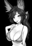  1girl absurdres animal_ear_fluff animal_ears arm_behind_back artist_name bikini body_markings bow brassica breasts cleavage collarbone commission english_commentary fingernails freckles greyscale hair_bow highres large_breasts lips long_hair monochrome original sharp_fingernails solo swimsuit thick_eyelashes upper_body 