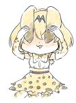  1girl :3 animal_ears animal_print arms_up bare_shoulders belt black_belt blonde_hair blush_stickers bob_cut bow bowtie covered_eyes covering_own_eyes cowboy_shot cropped_legs dot_nose elbow_gloves gloves high-waist_skirt kemono_friends pale_color panzuban parted_lips print_bow print_bowtie print_gloves print_skirt print_thighhighs serval_(kemono_friends) serval_print shirt_tucked_in short_hair simple_background skirt sleeveless solo tail white_background zettai_ryouiki 