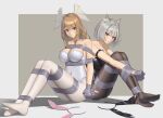  2girls absurdres alternate_costume animal_ear_fluff animal_ears arms_behind_back bare_shoulders bdsm black_leotard black_pantyhose blue_eyes blush bondage bound bound_arms bound_legs breasts brown_background brown_hair cat_ears cleavage closed_mouth collarbone covered_navel eunie_(xenoblade) fake_animal_ears full_body grey_hair hairband_removed head_wings highres knees_up large_breasts leotard long_hair looking_at_viewer mio_(xenoblade) multiple_girls no_shoes pantyhose phy playboy_bunny rabbit_ears short_hair sitting strapless strapless_leotard tape tape_bondage two-tone_background v-shaped_eyebrows white_background white_leotard white_pantyhose wings wo_cao_xiao xenoblade_chronicles_(series) xenoblade_chronicles_3 yellow_eyes 