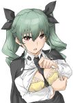  1girl anchovy_(girls_und_panzer) anzio_school_uniform between_breasts black_cape black_necktie black_ribbon black_skirt blush bra breasts cape clothes_lift commentary dress_shirt drill_hair elf_(stroll_in_the_woods) girls_und_panzer green_hair hair_ribbon highres lifted_by_self long_hair long_sleeves looking_at_viewer medium_breasts necktie necktie_between_breasts open_mouth red_eyes ribbon school_uniform shirt shirt_lift simple_background skirt solo sweat textless_version twin_drills twintails underwear upper_body white_background white_shirt wing_collar yellow_bra 