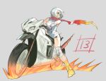  1girl bare_shoulders bukimi_isan elbow_gloves fire flame gloves goggles grey_background leotard looking_to_the_side on_motorcycle red_scarf scarf short_hair shy_(character) shy_(series) simple_background solo thighhighs torn_scarf white_footwear white_gloves white_hair white_leotard white_thighhighs 