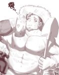  bara bare_pectorals boogeyman_(housamo) cat flower hat highres holding holding_shovel kiekoio pectorals shovel straw_hat sunflower sweat tokyo_afterschool_summoners towel 