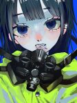  1girl biting_tongue blue_background blue_eyes blunt_bangs buttons ear_piercing grey_hair high-visibility_jacket highres jacket lip_piercing long_hair looking_at_viewer original pale_skin parted_lips piercing respirator simple_background solo straight-on teeth tongue upper_body urokogaran yellow_jacket 