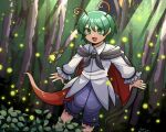  1girl 1jumangoku :d androgynous antennae black_cape bug bush cape collared_shirt commentary feet_out_of_frame fireflies firefly flat_chest forest frilled_shorts frills green_hair grey_shorts hair_between_eyes light_rays long_sleeves medium_bangs nature open_mouth red_cape shirt short_hair shorts smile solo sunbeam sunlight symbol-only_commentary touhou two-sided_cape two-sided_fabric white_shirt wriggle_day wriggle_nightbug 
