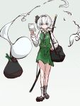  1girl bag black_hairband closed_mouth commentary ghost green_eyes green_skirt green_vest groceries grocery_bag hairband highres hitodama holding holding_bag katana konpaku_youmu konpaku_youmu_(ghost) looking_at_object myui17901139 sheath sheathed shopping_bag simple_background sketch skirt spring_onion sword sword_on_back touhou vest weapon weapon_on_back white_hair 