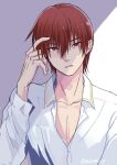  1boy asami_yuriko brown_hair collarbone commentary_request commission dress_shirt expressionless eyes_visible_through_hair hair_between_eyes hand_in_own_hair hand_up head_tilt little_busters! long_sleeves looking_at_viewer male_focus natsume_kyousuke nose parted_lips partially_unbuttoned red_eyes shirt short_hair simple_background solo straight-on upper_body upturned_eyes white_background white_shirt 
