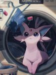  :&lt; arc_draws blue_sclera closed_mouth colored_sclera espeon forked_tail highres indoors laundry_basket looking_at_object lying no_humans on_side pink_fur pokemon pokemon_(creature) tail washing_machine 