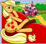  accessory apple apple_bloom_(mlp) applejack_(mlp) barn big_macintosh_(mlp) blonde_hair blonde_mane bow_ribbon butt cutie_mark earth_pony equid equine feral food freckles friendship_is_magic fruit furgonomics gesture green_eyes group hair hair_accessory hair_bow hair_ribbon hasbro horse lying mammal mane my_little_pony outside plant pony red_body red_hair red_mane red_tail ribbons sallycars_(artist) smile tail tail_accessory tree trio waving yellow_body yellow_tail 