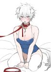  1girl animal_ears bechu belt_collar bowl breasts cleavage closed_mouth collar condom condom_in_mouth cuffs devil_may_cry_(series) dog_ears dog_girl dog_tail grey_eyes handcuffs highres kneeling large_breasts leash leash_pull mouth_hold nero_(devil_may_cry) one-piece_swimsuit pet_bowl sitting solo sweat swimsuit tail thighhighs white_hair white_thighhighs 