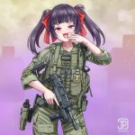  1girl dated green_jacket green_pants jacket jpc long_sleeves looking_at_viewer military_uniform minebea_pm-9 original pants purple_hair red_eyes signature sleeves_rolled_up smug solo trigger_discipline uniform 