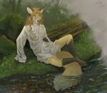  absurd_res anthro blonde_hair blue_eyes canid canine clothing edgar_vladilisitsa forest fox genital_outline hair hi_res male male/male mammal plant river solo tatujapa tree vulpin wet wet_clothing yellow_body 