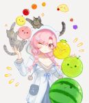  1girl animal animal_ears apple blue_bow blush bow braid breasts cat cat_ears cherry closed_mouth dekopon_(fruit) dress emphasis_lines flower food fruit grapes hair_flower hair_ornament highres hood indie_virtual_youtuber melon nini_yuuna one_eye_closed parted_bangs peach pear persimmon pineapple pink_eyes pink_hair pom_pom_(clothes) simple_background smile spacelongcat star_(symbol) strawberry suika_game twin_braids watermelon white_background white_dress 