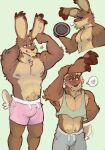  &lt;3 anthro breath brown_body brown_fur clothed clothing crop_top dumbbell exercise flexing fur hi_res lagomorph leporid long_ears male mammal midriff muscular muscular_anthro muscular_male panting rabbit shirt solo tank_top topwear underwear voltdraws weightlifting weights workout 