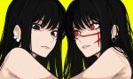  2girls absurdres chainsaw_man cross_scar earrings highres jewelry long_hair looking_at_another looking_at_viewer mitaka_asa multiple_girls orange_eyes parted_lips ringed_eyes sailen0 scar scar_on_cheek scar_on_face simple_background yellow_background yoru_(chainsaw_man) 