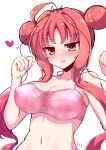  1girl absurdres ahoge bare_arms bikini blush breasts cleavage clenched_hands collarbone commentary_request covered_nipples double_bun dracu-riot! eyelashes eyes_visible_through_hair floral_print hair_bun hair_intakes hakutocake halterneck hands_up heart highres jitome large_breasts long_hair looking_at_viewer navel nose_blush open_mouth pink_bikini shiny_skin sidelocks signature simple_background smile solo stomach sweatdrop swimsuit upper_body very_long_hair white_background yarai_miu yellow_eyes 