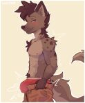  anthro armpit_hair armpit_tuft blush body_hair bottomwear brown_body bulge chest_tuft clothed clothing dressing fur hair hi_res hyena looking_at_viewer male mammal nick7005 nipples pants pubes solo spots spotted_body spotted_fur spotted_hyena topless tuft underwear yellow_eyes 