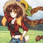  1:1 anthro bottomwear clothing elronya fan_character female flower fluffy freckles hair hat headgear headwear lagomorph leporid long_hair mammal plant rabbit ronya shirt shorts straw_hat sunflower suvi_(elronya) topwear 