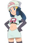  1girl beanie black_shirt blue_eyes boots closed_mouth cosplay cropped_jacket dawn_(pokemon) elbow_gloves eyelashes gloves hainchu hair_ornament hairclip hands_on_own_hips hat highres jacket jessie_(pokemon) jessie_(pokemon)_(cosplay) logo long_hair midriff navel pokemon pokemon_(anime) pokemon_dppt_(anime) shirt sidelocks simple_background skirt smile solo team_rocket team_rocket_uniform thigh_boots white_background white_headwear white_jacket white_skirt 