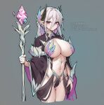  1girl breasts center_opening cropped_legs grey_background grey_hair hair_between_eyes highres holding holding_staff horns large_breasts navel original pointy_ears revealing_clothes rimworld shrug_(clothing) simple_background solo staff stmast 